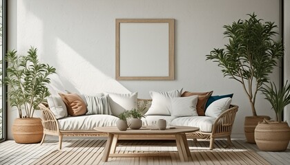 Mockup frame in living room interior of Spanish villa, 3d render 