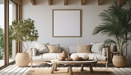Mockup frame in living room interior of Spanish villa, 3d render 