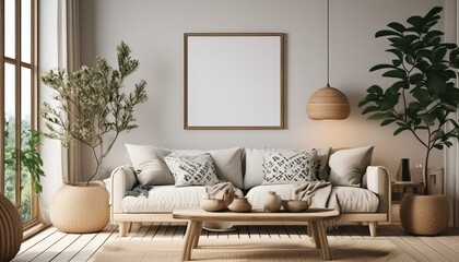 Mockup frame in Scandi living room interior, 3d render 