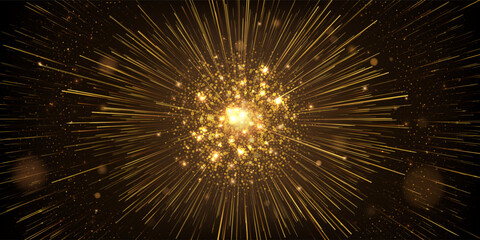 Glowing Golden Explosion Abstract Background. radiant burst of glowing fast motion lines and particles