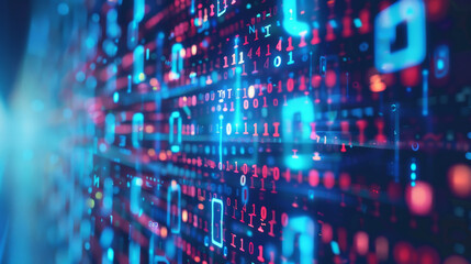 Obraz premium A data matrix filled with binary code in vibrant colors, representing technology, coding, and the digital world.