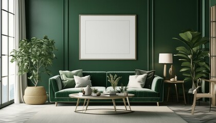 Poster frame mockup in dark green living room interior, 3d render 