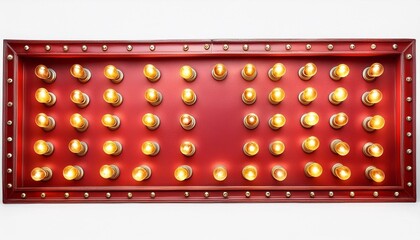 Retro Red Signboard with Yellow Neon Light Bulbs, Isolated on White 