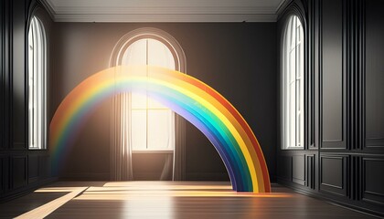 Obraz premium Rainbow on Black Wall with White Light Background, Sunlight Through Window with Blurry Lens Flare Effect 