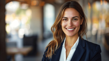 Naklejka premium Smiling Young Professional Woman in Modern Office Setting
