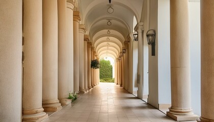 Obraz premium Serene hallway of an elegant classical architecture with arched columns
