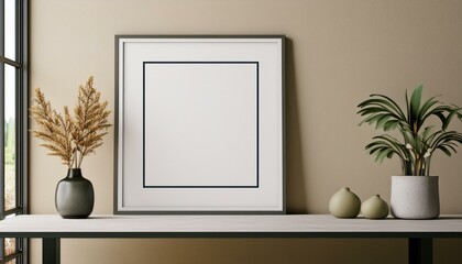 Square frame mockup close up on wall painted beige color, 3d render 