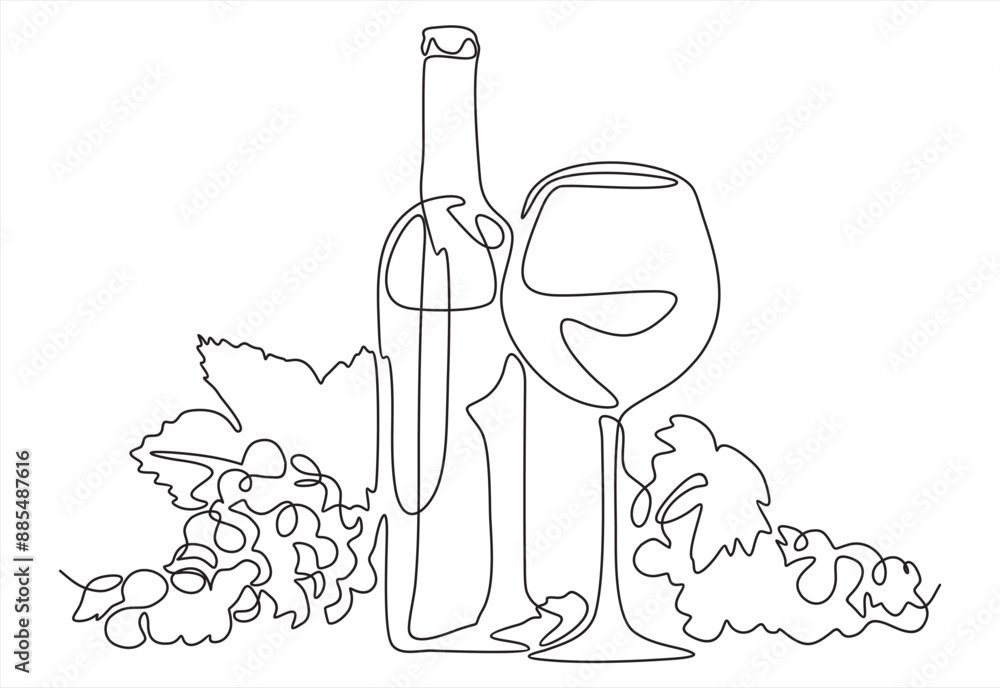 Poster bottle of wine with wineglass and grape bunch in continuous line art drawing style. minimalist black