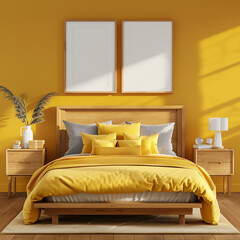  modern wooden bed with yellow pillows and bedside cabinets against yellow wall with posters frames 