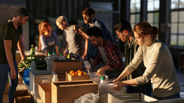 A group of volunteers are busy packing boxes of supplies in a well-lit community center, showcasing teamwork and dedication towards a common cause.