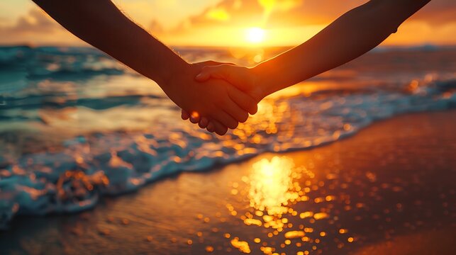 A parting handshake between two friends on a beach at sunset, with the ocean waves, sandy shore, and warm, golden light creating a touching farewell scene. --ar 16:9 --v 6.0 --s 250 --style raw