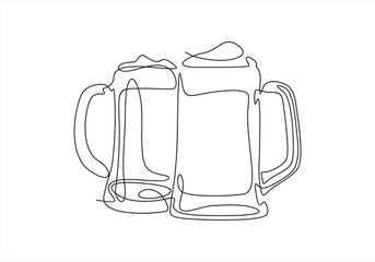 Two glasses of beer one line continuous. Line art glasses of beer. Hand drawn vector art.