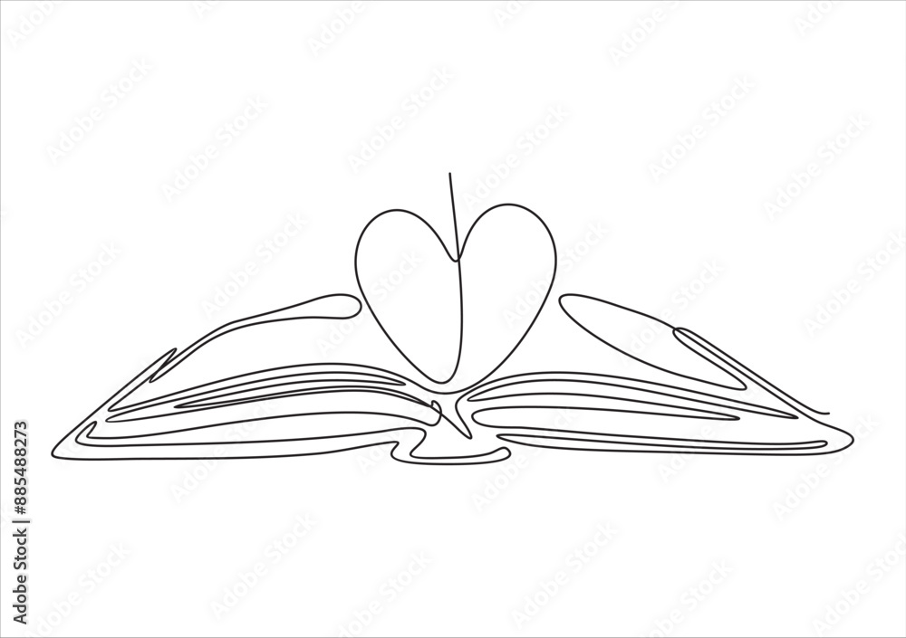 Poster open book and heart, continuous line vector illustration. one line vector drawing of a book and a he
