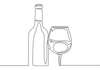 Bottle of wine with wineglass and in continuous line art drawing style. Minimalist black linear sketch isolated on white background. Vector illustration