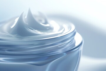 Close-up of luxurious, creamy skincare product in a clear jar. Perfect for advertising beauty, cosmetic, and skincare products.