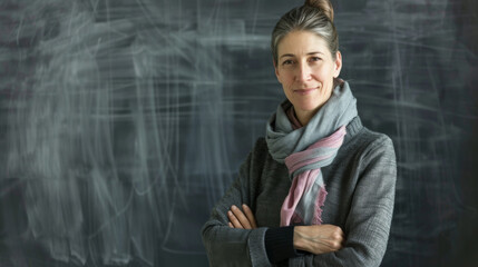 A teacher stands with folded arms in front of a chalkboard filled with handwritten notes, exuding confidence and intellectual poise.