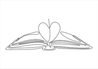Open book and heart, continuous line vector illustration. one line vector drawing of a book and a heart, concept of love of reading. Black and white hand drawn image.