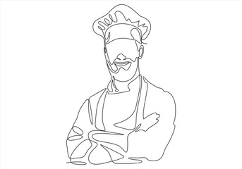 Single continuous line drawing of young friendly man chef in uniform pose. Online food restaurant banner concept one line drawing design vector graphic illustration