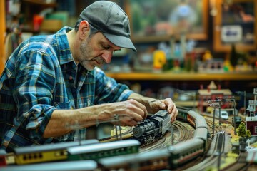 Man Building Model Train Set at Home