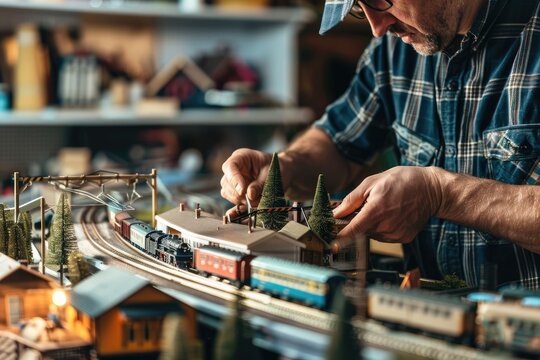 Man Building Model Train Set at Home