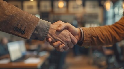 A warm handshake between a colleague and a departing coworker in an office, with desks, computers, and other colleagues in the background, emphasizing the farewell moment. --ar 16:9 --v 6.