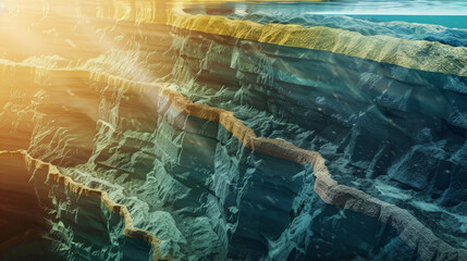 A surreal depiction of an underwater canyon illuminated by golden sunlight, creating a breathtaking and mysterious seascape.