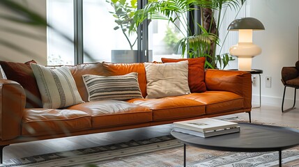 A warm handshake between a host and a guest in a stylish living room, with modern furniture, a coffee table, and soft natural light creating a welcoming atmosphere. --ar 16:9 --v 6.