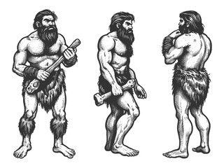Fototapeta premium three cavemen holding clubs, various poses, showcasing primitive lifestyle sketch engraving generative ai fictional character vector illustration. Scratch board imitation. Black and white image.