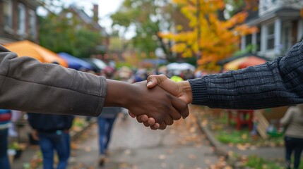 A warm handshake between two neighbors at a community block party, with outdoor games, food stalls, and families enjoying the festivities in the background,