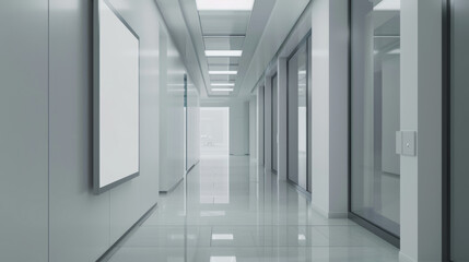 A pristine, gleaming modern office hallway with reflective floors, sleek glass walls, and bright lighting, evoking a sense of professionalism and cleanliness.