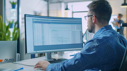 An office worker intensely examining a spreadsheet on a widescreen monitor, in a bright, modern office environment.