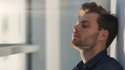 Naklejka premium A contemplative man with closed eyes leans against a window, basking in soft afternoon light, exuding a calm, reflective mood.