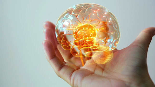 A detailed model of a human brain with glowing connections is cradled in a hand, symbolizing intellect and innovation in a technological age.