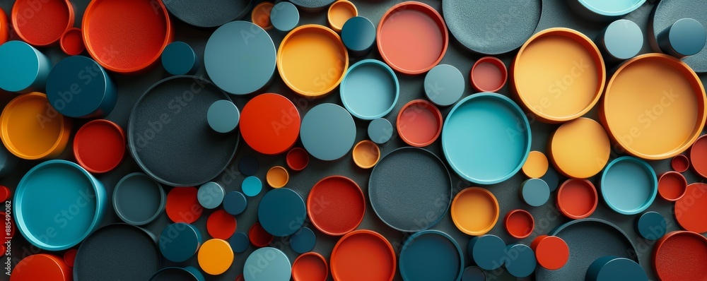 Aufkleber colorful circles and shapes in a 3d rendered abstract background, vibrant and dynamic