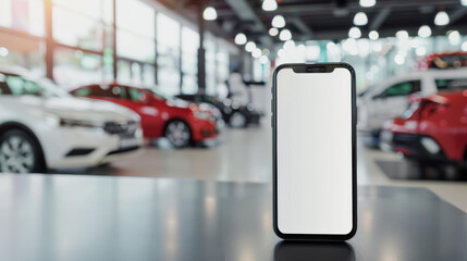 Obraz premium A sleek smartphone with a blank screen displayed prominently in a modern car showroom.