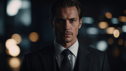 a man is in a suit and tie, dark white and dark black,.