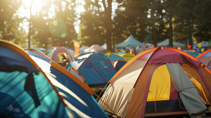 Rows of colorful tents bask in the warm, golden light of a festival, symbolizing joy, celebration, and the spirit of community.
