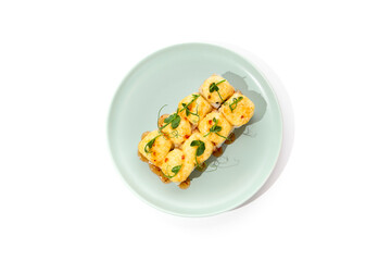 Delicious Baked Cheese Roll with Sweet Chili Sauce on White Plate