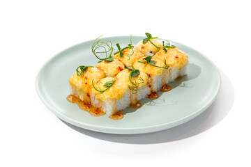 Baked Cheese Roll with Sweet Chili Sauce on Ceramic Plate Isolated on White Background