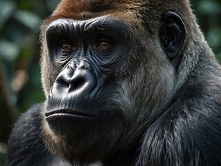 A gorilla with an angry expression looking to his right.