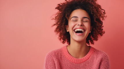 happy mixed race brown skin lady on solid color background, authentic person, true to self, no filter