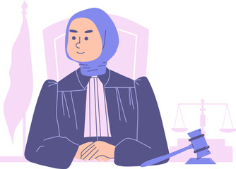Muslim Hijab Female judge character with gavel hammer in court concept Illustration