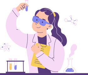 Female scientist in Laboratory wearing white coat holding tube illustration