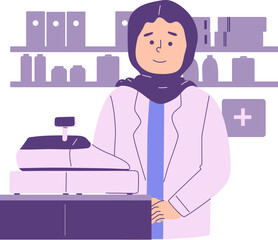 Muslim Hijab Pharmacist in white rob behind the cashier's desk Illustration