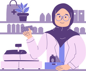 Muslim Hijab Pharmacist in white rob showing pills behind the cashier's desk Illustration