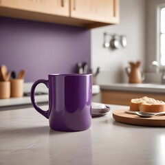 Fototapeta premium Purple ceramic coffee cup placed on a tabletop with a hazy kitchen background, copy space for custom designs or text.