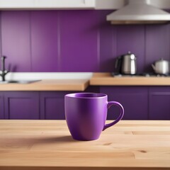 Obraz premium Purple ceramic coffee cup placed on a tabletop with a hazy kitchen background, copy space for custom designs or text.
