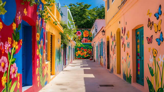 Fototapeta A vibrant alleyway where street art brings life to every wall.   Street Art Alleyway: Vibrant and Lively Graffiti-Filled Passage   Hispanic Heritage Month