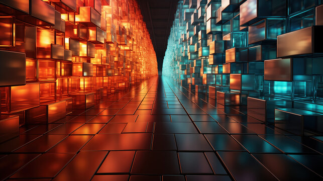 Bifurcated Path with Orange and Blue Blocks. A high-resolution digital artwork depicting a bifurcated path lined with orange and blue blocks, creating a striking visual contrast.