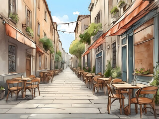 Quaint European street and cafes illustration